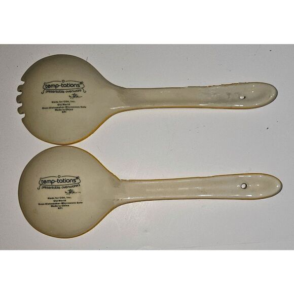 Temptations By Tara Old World Gold Yellow Ceramic Spoon Fork Serving Set LARGE - Picture 2 of 3